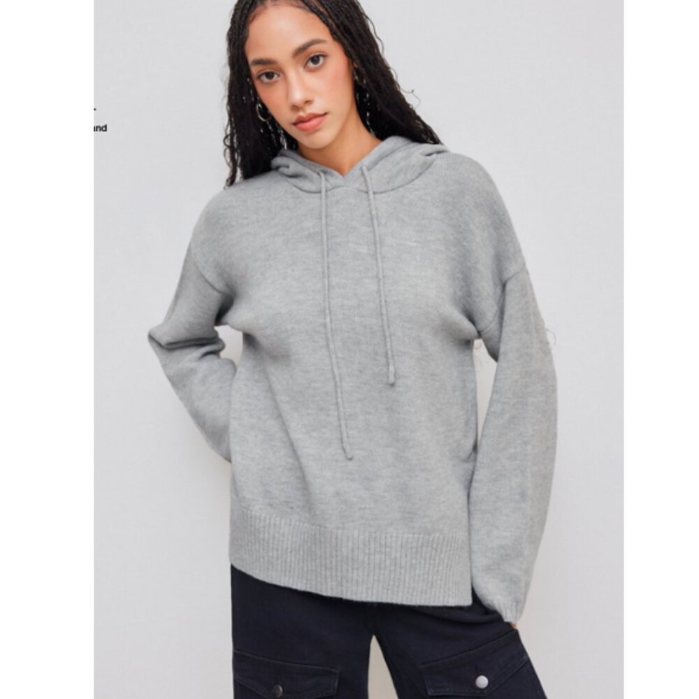 Cider Oversized Split-Hem Knit Sweater Hoodie, Heather Grey, Size: M